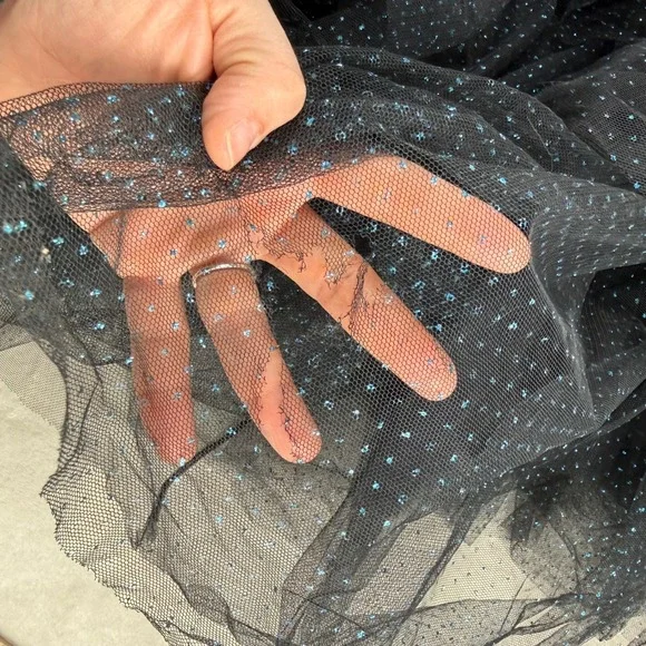 Victor Costa Black Glitter Polka Dot Ruched Tulle Ruffle Mermaid Gown Dress SZ 4 - Picture 6 of 13